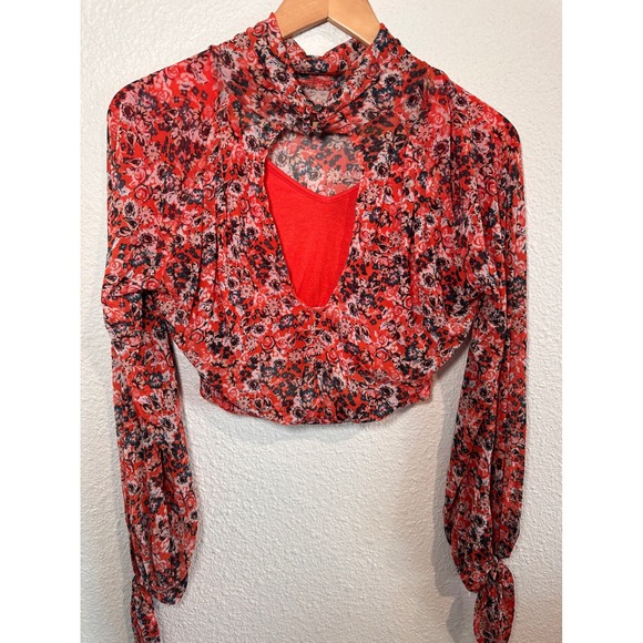 Free People Red Floral Mesh Mock Neck Long Sleeve Cropped Top Sheer - Picture 3 of 6